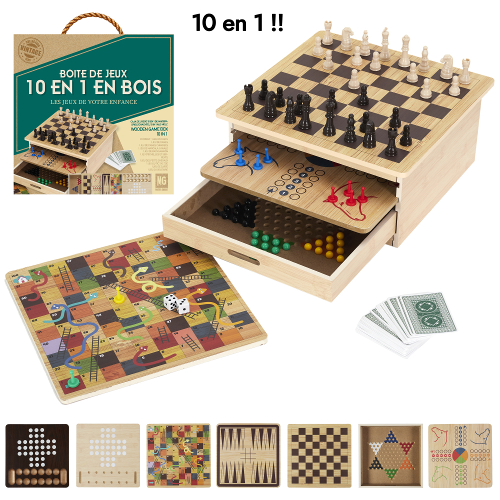 JEU DE SOCIETE EN BOIS 10 EN 1-La Chaise Longue