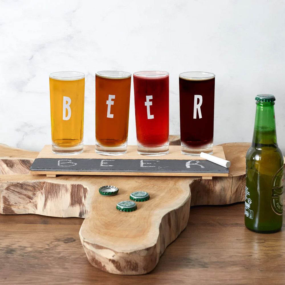 PLANCHE ET 4 VERRES A BIERE-La Chaise Longue